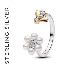 🌟 14K Gold Plated Bee & Flower Open Ring